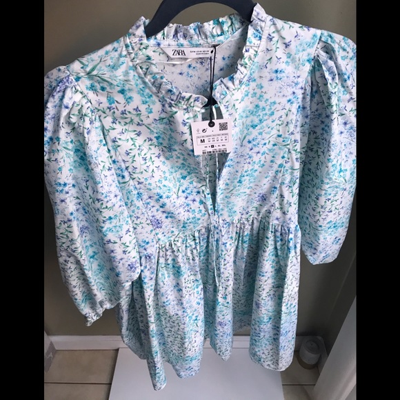 NWT! Zara Blue Floral Poplin Printed Dress with Ruffle Trim Size: M - Picture 4 of 11